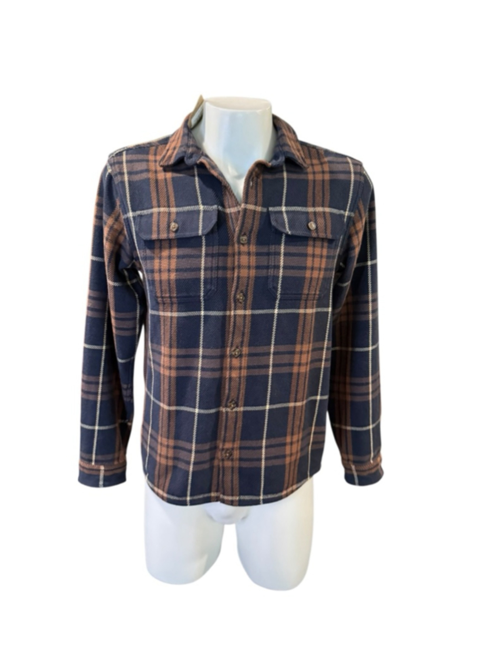 Men's Patagonia Fjord Loft Shirt Navy Brown Plaid S Casual Button Down